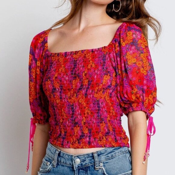 Free People Back On Top Crop Top Multi Floral Smocked Puff Sleeve NWT XS $98 - Picture 6 of 8